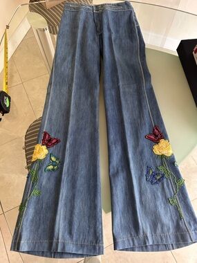 1 DAY SALE LK NEW 70s Faded Glory Wide Leg Jeans  Embroidered / Sequined  🦋 & 💐